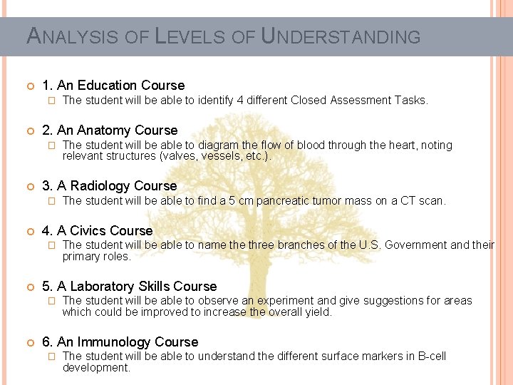 ANALYSIS OF LEVELS OF UNDERSTANDING 1. An Education Course � 2. An Anatomy Course