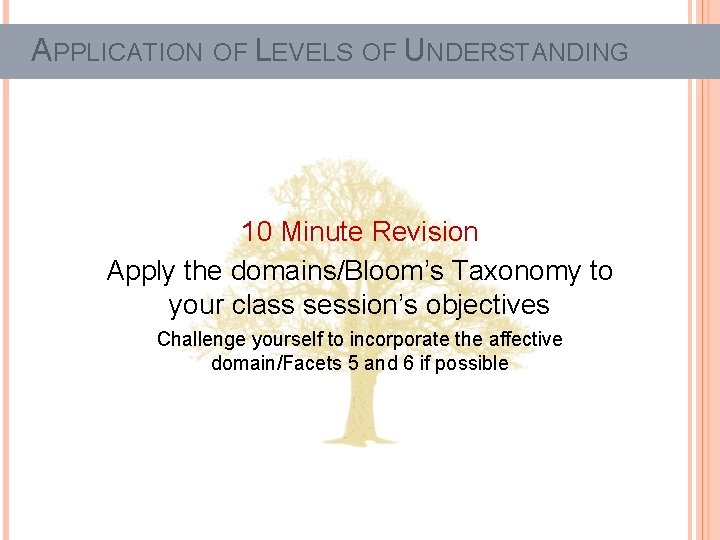 APPLICATION OF LEVELS OF UNDERSTANDING 10 Minute Revision Apply the domains/Bloom’s Taxonomy to your