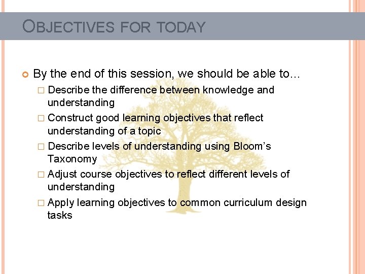 OBJECTIVES FOR TODAY By the end of this session, we should be able to…
