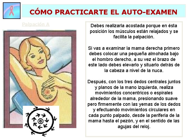 CÓMO PRACTICARTE EL AUTO-EXAMEN Palpación A Debes realizarla acostada porque en ésta posición los