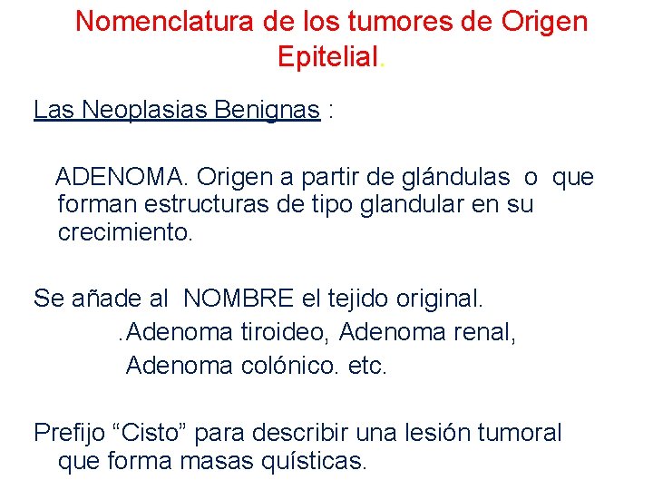 Nomenclatura de los tumores de Origen Epitelial. Las Neoplasias Benignas : ADENOMA. Origen a