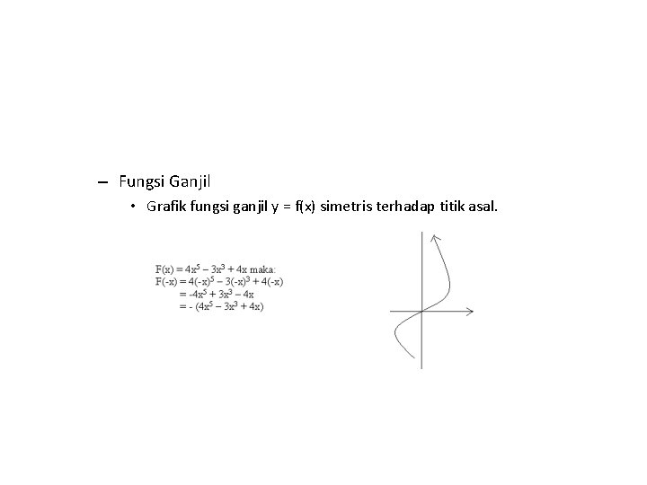 – Fungsi Ganjil • Grafik fungsi ganjil y = f(x) simetris terhadap titik asal.