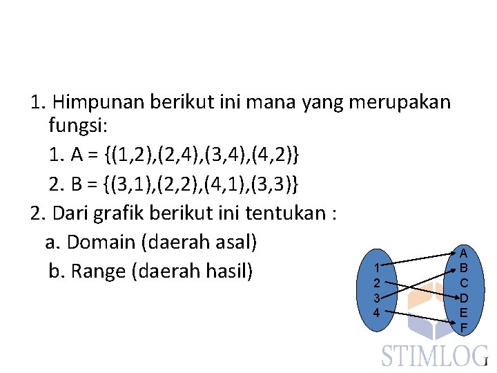 1. Himpunan berikut ini mana yang merupakan fungsi: 1. A = {(1, 2), (2,