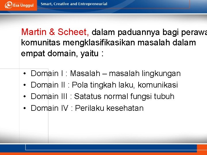 Martin & Scheet, dalam paduannya bagi perawa komunitas mengklasifikasikan masalah dalam empat domain, yaitu