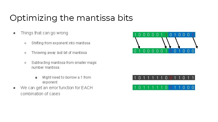 Optimizing the mantissa bits ● Things that can go wrong ○ Shifting from exponent