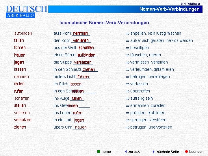 © H. Witzlinger Nomen-Verbindungen Idiomatische Nomen-Verbindungen aufbinden nehmen aufs Korn ____ anpeilen, sich lustig