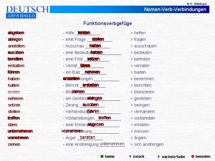 © H. Witzlinger Nomen-Verbindungen Funktionsverbgefüge > helfen ablegen leisten - Hilfe ______ stellen -