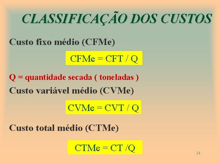 CLASSIFICAÇÃO DOS CUSTOS Custo fixo médio (CFMe) CFMe = CFT / Q Q =