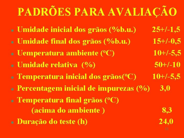 PADRÕES PARA AVALIAÇÃO l l l l Umidade inicial dos grãos (%b. u. )