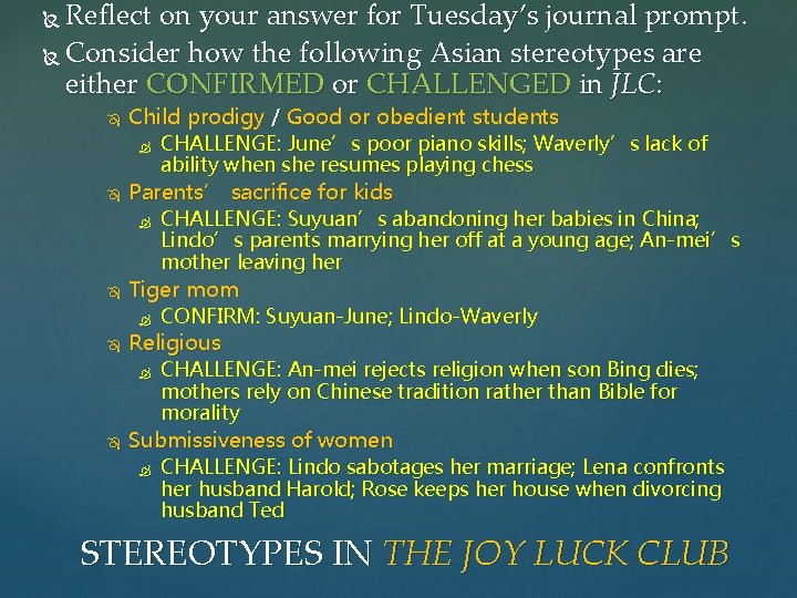 Reflect on your answer for Tuesday’s journal prompt. Consider how the following Asian stereotypes