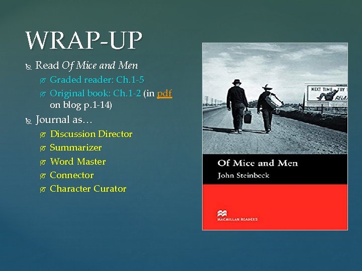 WRAP-UP Read Of Mice and Men Graded reader: Ch. 1 -5 Original book: Ch.