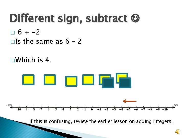 Different sign, subtract 6 + -2 � Is the same as 6 – 2
