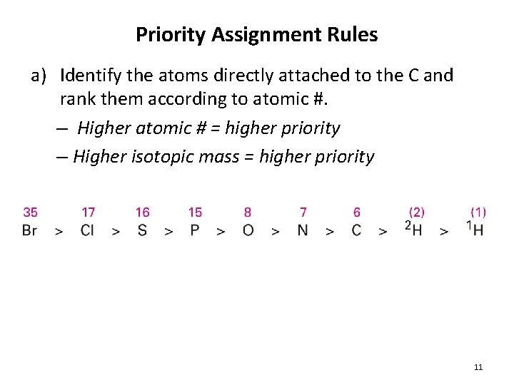 Priority Assignment Rules a) Identify the atoms directly attached to the C and rank