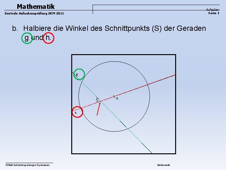 Mathematik Aufgaben Serie 1 Zentrale Aufnahmeprüfung ZKM 2011 b. Halbiere die Winkel des Schnittpunkts Mathematik Aufgaben Serie 1 Zentrale Aufnahmeprüfung ZKM 2011 b. Halbiere die Winkel des Schnittpunkts