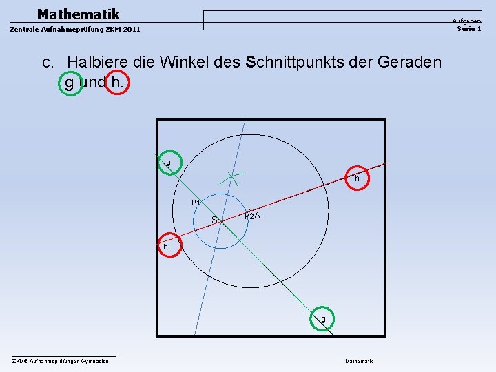 Mathematik Aufgaben Serie 1 Zentrale Aufnahmeprüfung ZKM 2011 c. Halbiere die Winkel des Schnittpunkts