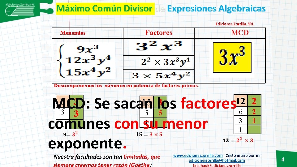 Máximo Común Divisor de Expresiones Algebraicas Ediciones Zorrilla SRL Monomios Factores MCD Descomponemos los