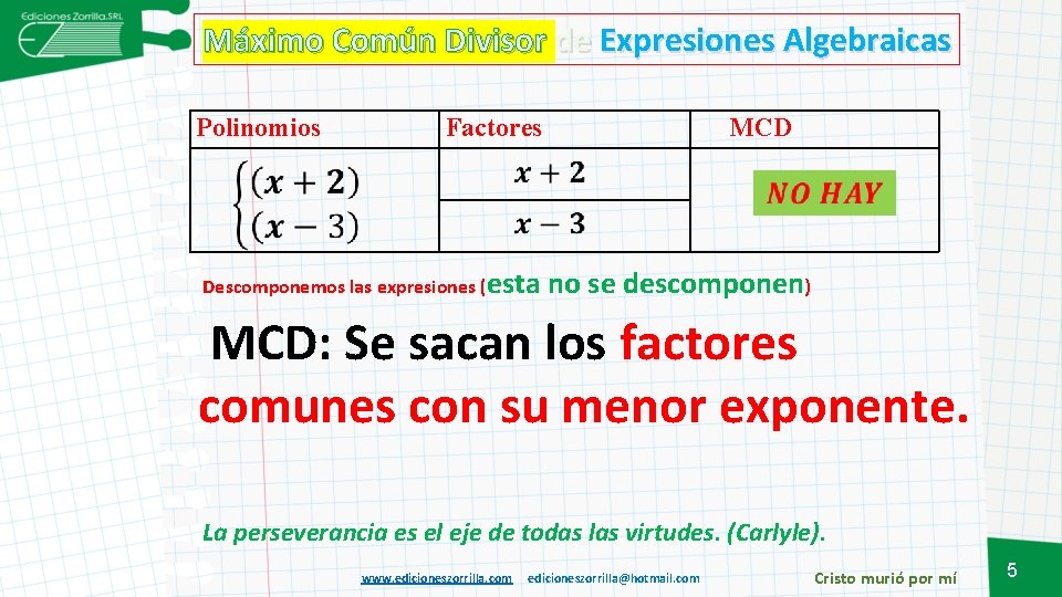 Máximo Común Divisor de Expresiones Algebraicas Polinomios Factores Descomponemos las expresiones (esta MCD no