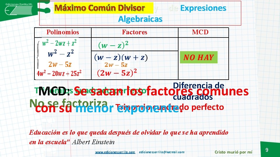 Máximo Común Divisor y de Expresiones Algebraicas Polinomios Factores MCD Diferencia de Trinomios cuadrado