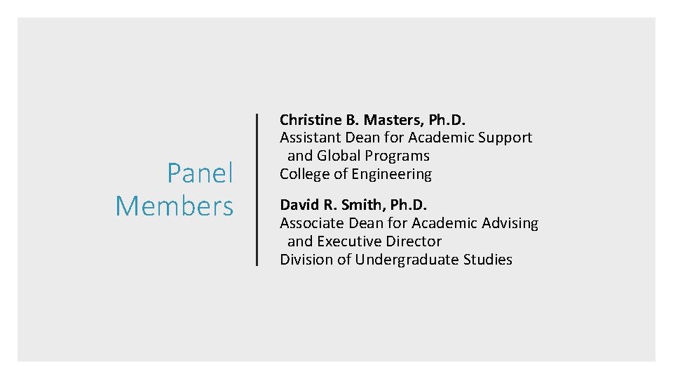 Panel Members Christine B. Masters, Ph. D. Assistant Dean for Academic Support and Global