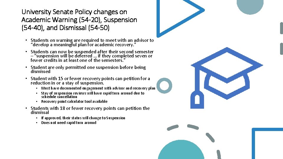 University Senate Policy changes on Academic Warning (54 -20), Suspension (54 -40), and Dismissal