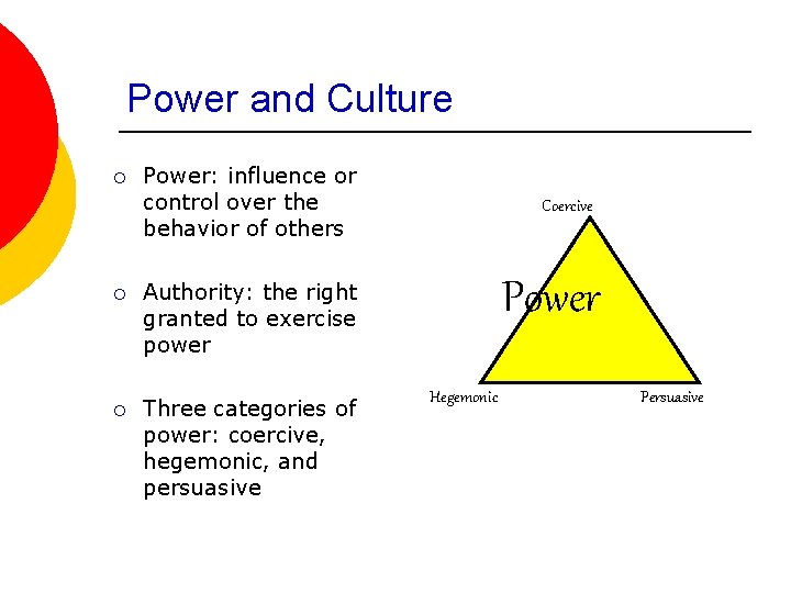 Power and Culture ¡ Power: influence or control over the behavior of others ¡