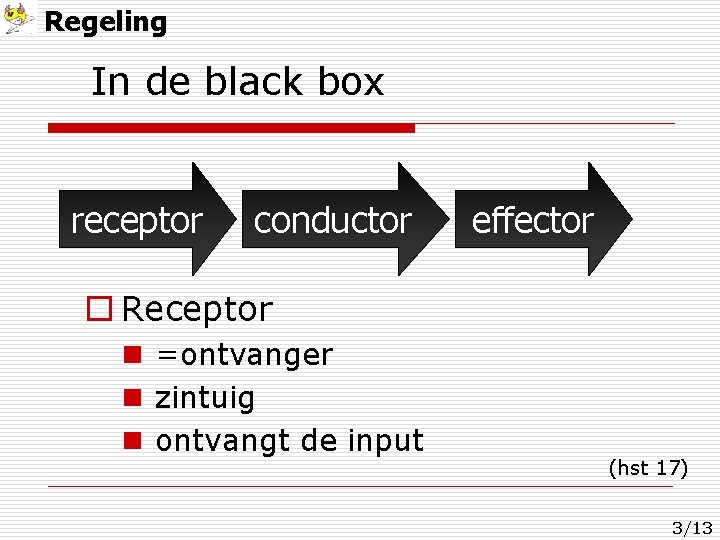 Regeling In de black box receptor conductor effector o Receptor n =ontvanger n zintuig