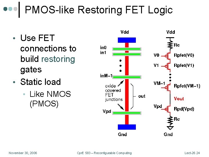 PMOS-like Restoring FET Logic • Use FET connections to build restoring gates • Static