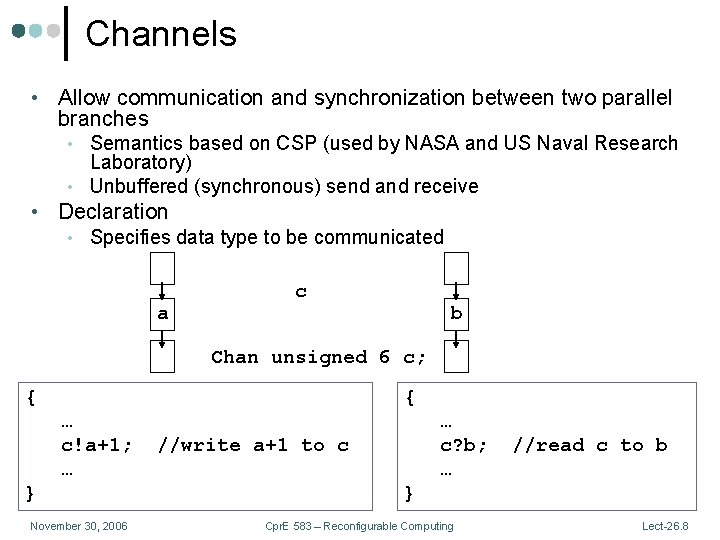 Channels • Allow communication and synchronization between two parallel branches • Semantics based on