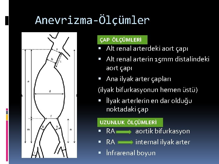 Anevrizma-Ölçümler ÇAP ÖLÇÜMLERİ Alt renal arterdeki aort çapı Alt renal arterin 15 mm distalindeki