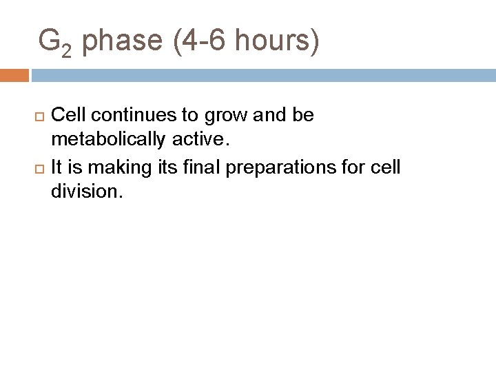 G 2 phase (4 -6 hours) Cell continues to grow and be metabolically active.