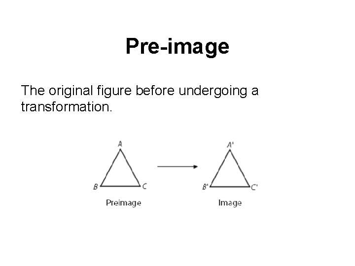 Pre-image The original figure before undergoing a transformation. 