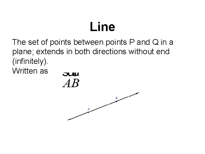 Line The set of points between points P and Q in a plane; extends