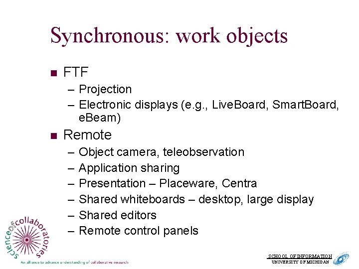 Synchronous: work objects n FTF – Projection – Electronic displays (e. g. , Live.
