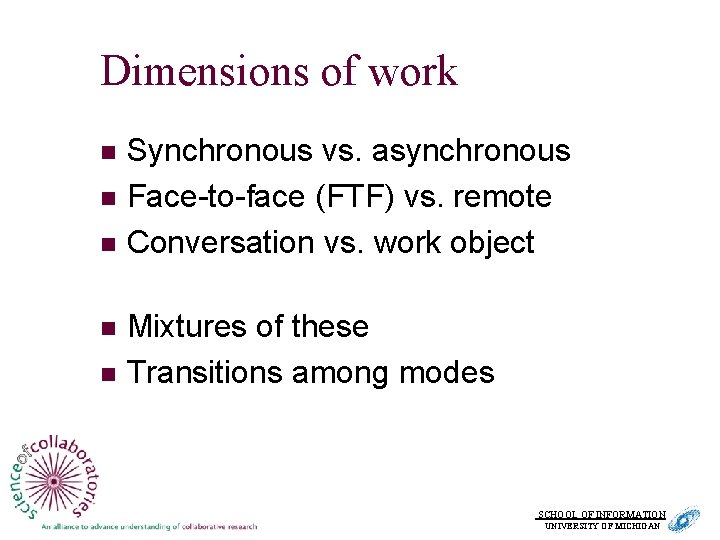 Dimensions of work n n n Synchronous vs. asynchronous Face-to-face (FTF) vs. remote Conversation