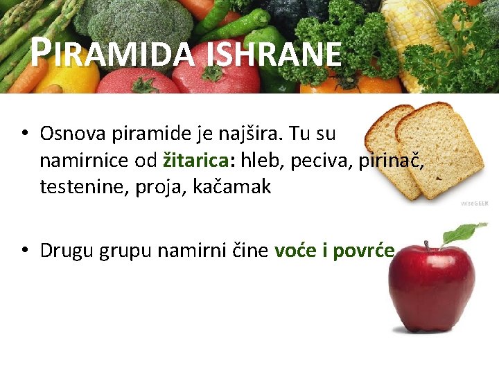 PIRAMIDA ISHRANE • Osnova piramide je najšira. Tu su namirnice od žitarica: hleb, peciva,