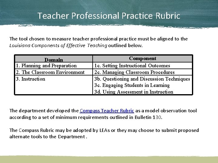 Teacher Professional Practice Rubric The tool chosen to measure teacher professional practice must be