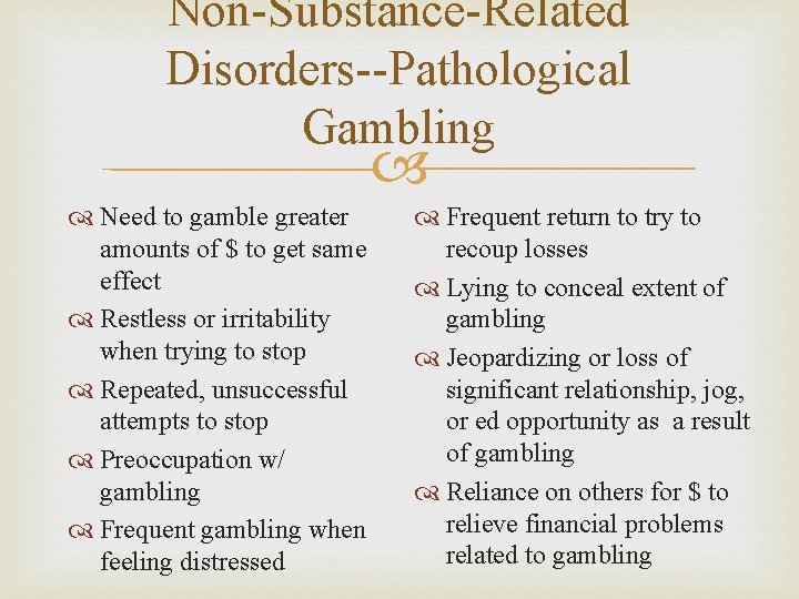 Non-Substance-Related Disorders--Pathological Gambling Need to gamble greater amounts of $ to get same effect