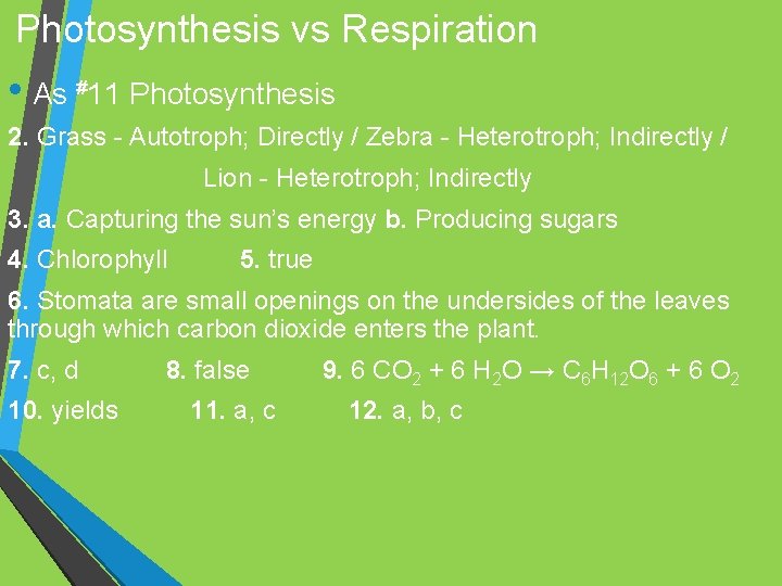 Photosynthesis vs Respiration • As #11 Photosynthesis 2. Grass - Autotroph; Directly / Zebra