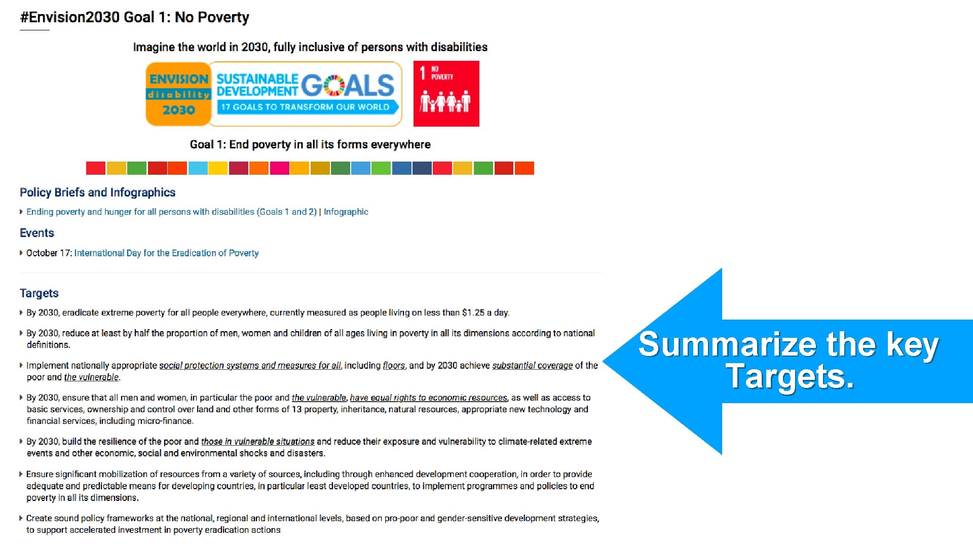 Summarize the key Targets. 