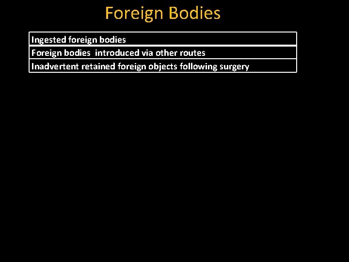 Foreign Bodies Ingested foreign bodies Foreign bodies introduced via other routes Inadvertent retained foreign