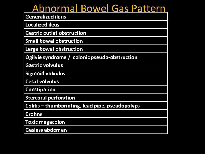 Abnormal Bowel Gas Pattern Generalized ileus Localized ileus Gastric outlet obstruction Small bowel obstruction