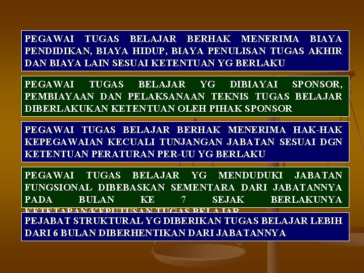 PEGAWAI TUGAS BELAJAR BERHAK MENERIMA BIAYA PENDIDIKAN, BIAYA HIDUP, BIAYA PENULISAN TUGAS AKHIR DAN