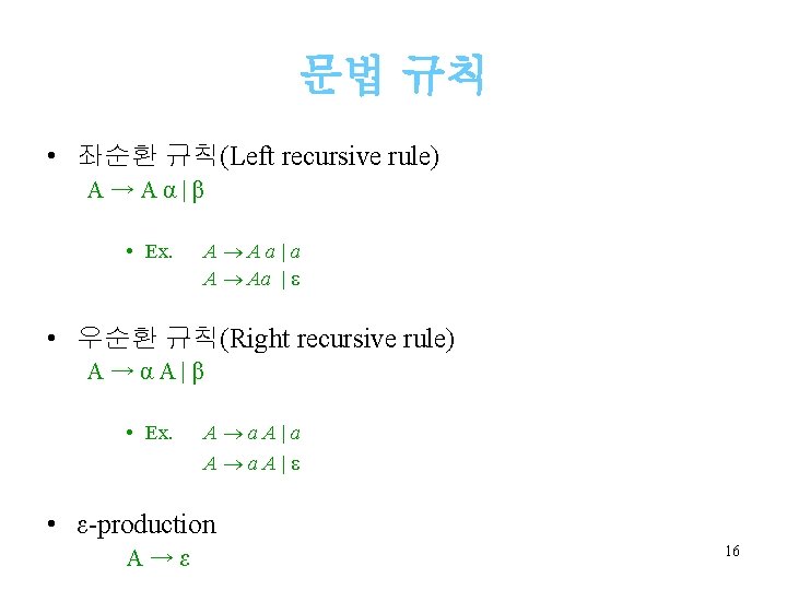 문법 규칙 • 좌순환 규칙(Left recursive rule) A→Aα|β • Ex. A Aa|a A Aa