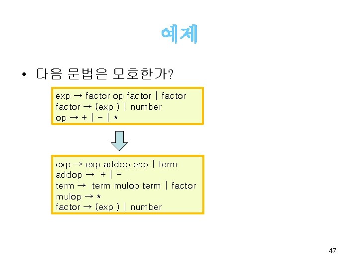 예제 • 다음 문법은 모호한가? exp → factor op factor | factor → (exp