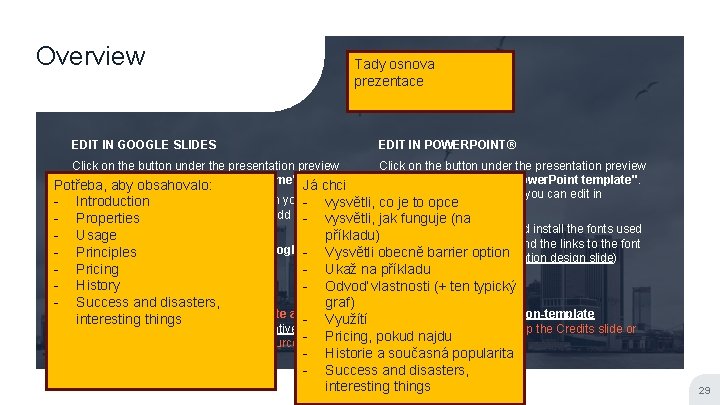 Overview EDIT IN GOOGLE SLIDES Tady osnova prezentace EDIT IN POWERPOINT® Click on the