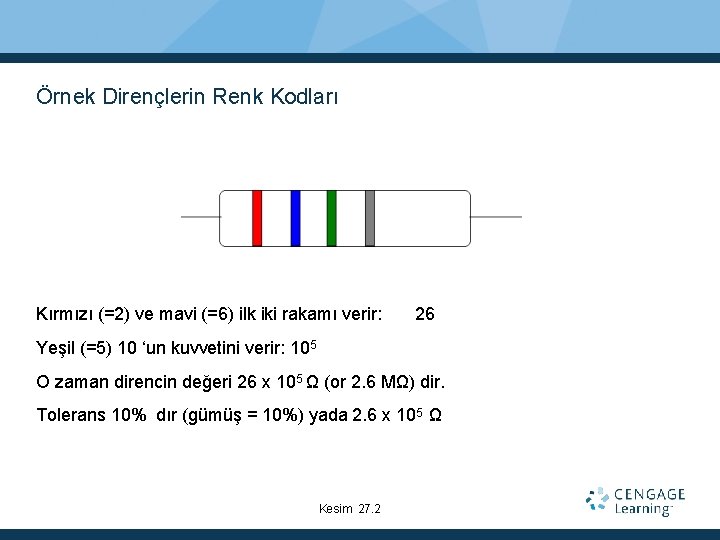 Örnek Dirençlerin Renk Kodları Kırmızı (=2) ve mavi (=6) ilk iki rakamı verir: 26