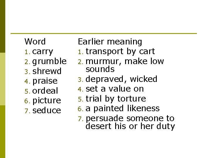 Word 1. carry 2. grumble 3. shrewd 4. praise 5. ordeal 6. picture 7.