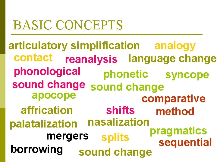 BASIC CONCEPTS articulatory simplification analogy contact reanalysis language change phonological phonetic syncope sound change