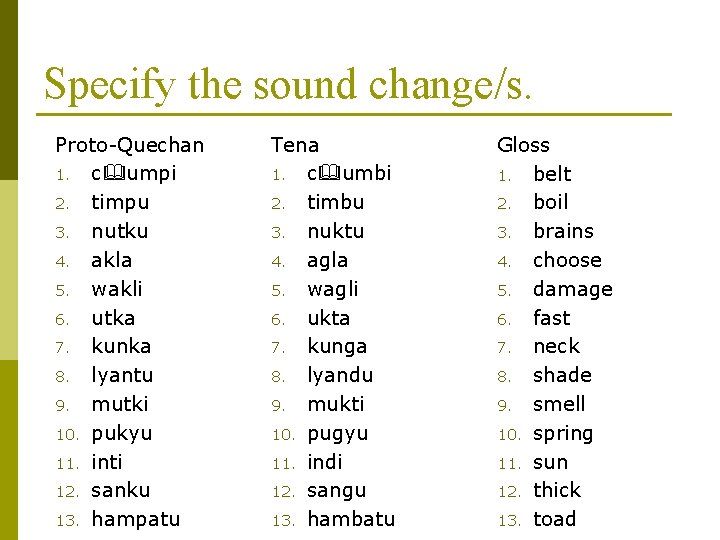 Specify the sound change/s. Proto-Quechan 1. c umpi 2. timpu 3. nutku 4. akla