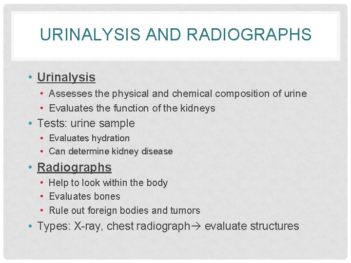 URINALYSIS AND RADIOGRAPHS • Urinalysis • Assesses the physical and chemical composition of urine